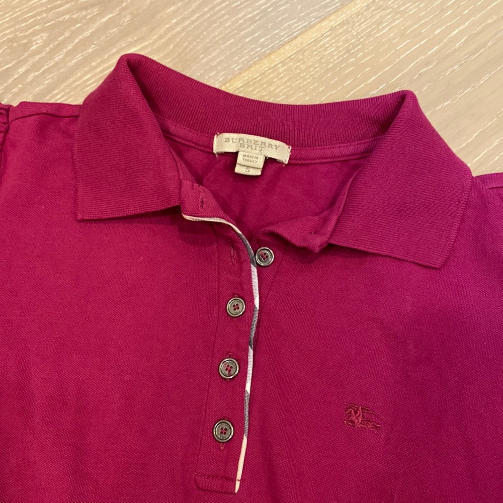 S Burberry Brit Pink Pique Nova Check Trim Puff Sleeve Polo T-Shirt